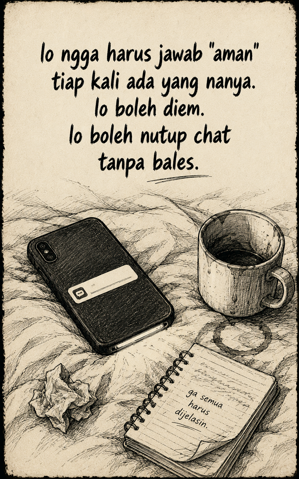 Doodle soal batas pribadi dengan HP, kopi, dan catatan di atas kasur.