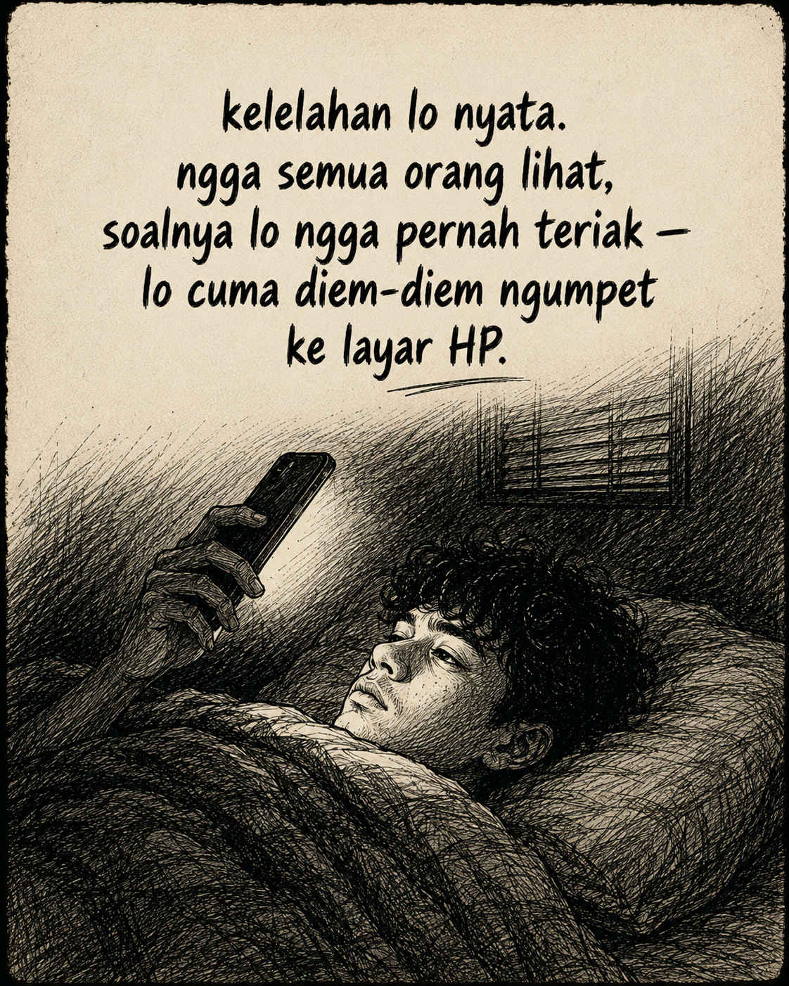 Doodle cowok rebahan sambil menatap layar HP dengan quote soal kelelahan yang tidak terlihat.