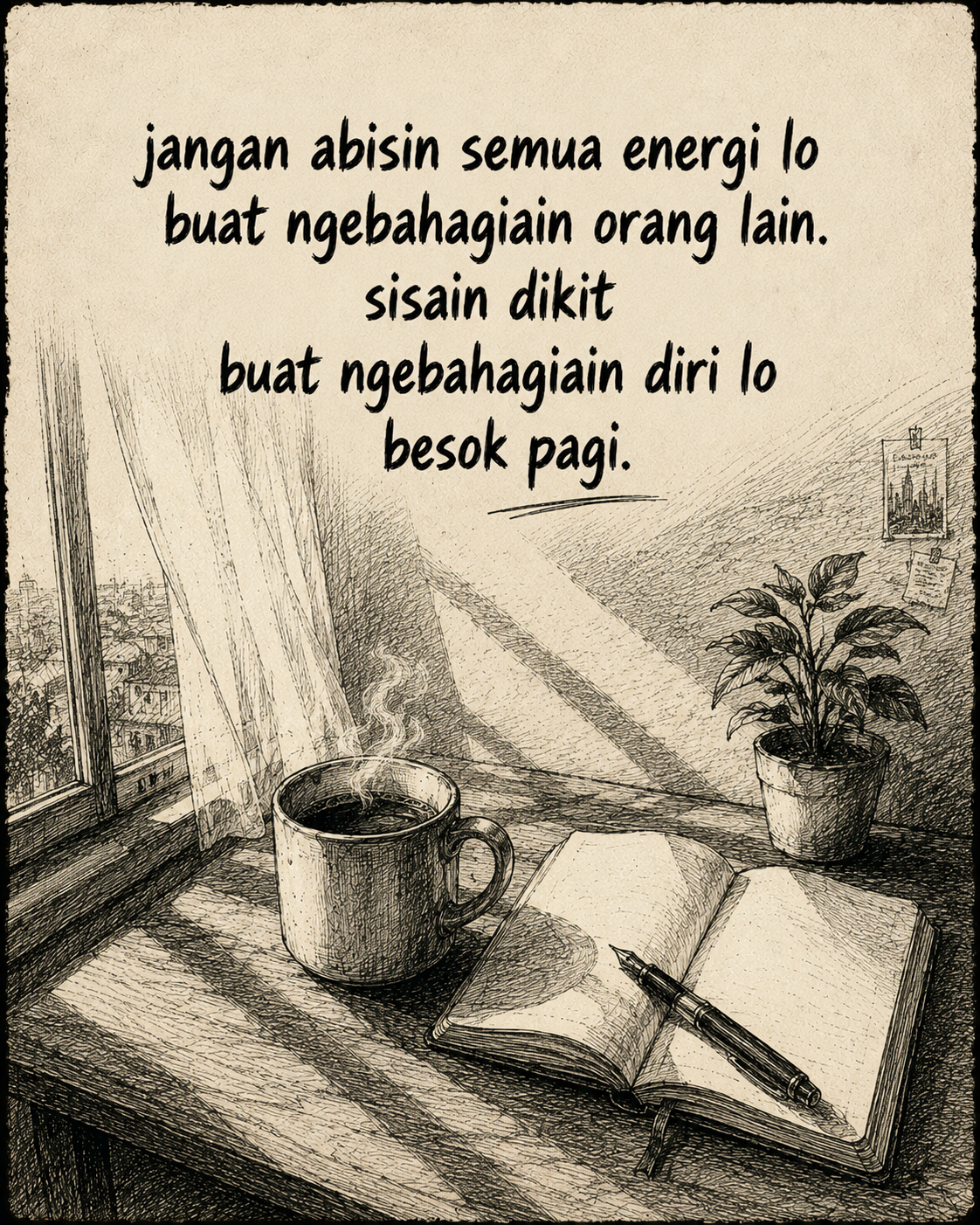 Doodle meja dengan kopi panas dan buku terbuka di dekat jendela pagi.