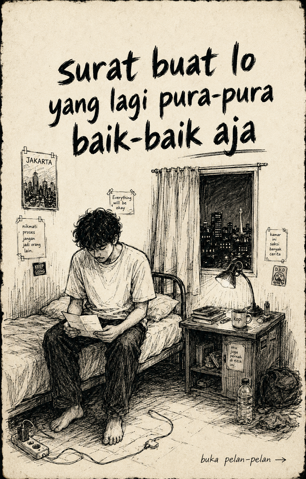 Doodle anak kost duduk di ranjang sambil baca surat di malam hari.