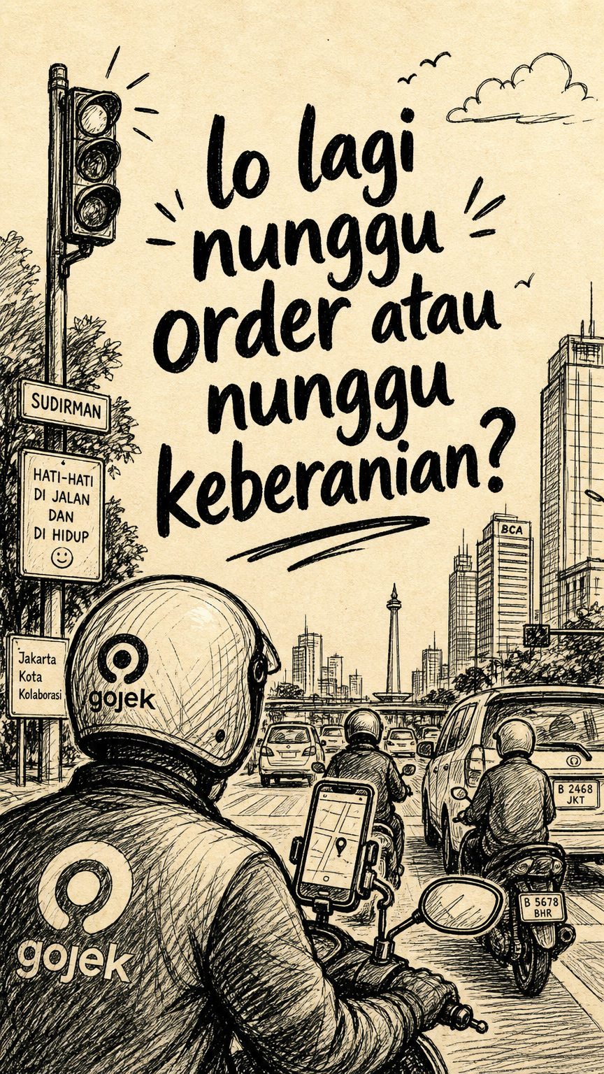 Doodle pengendara ojek di lampu merah Sudirman dengan quote soal menunggu order atau keberanian.