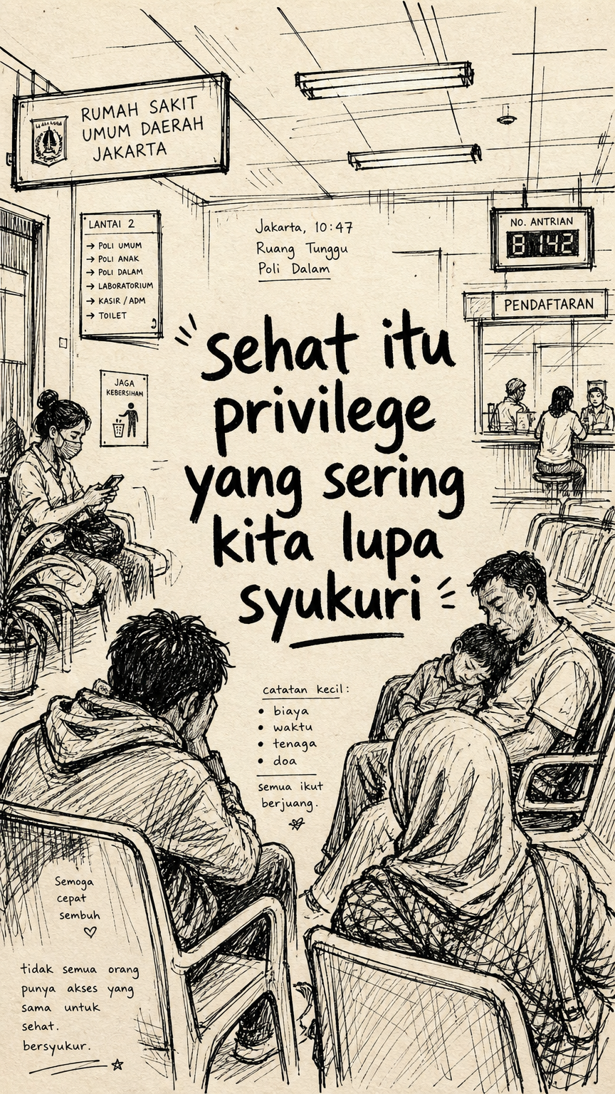 Doodle ruang tunggu rumah sakit dengan quote soal sehat sebagai privilege.