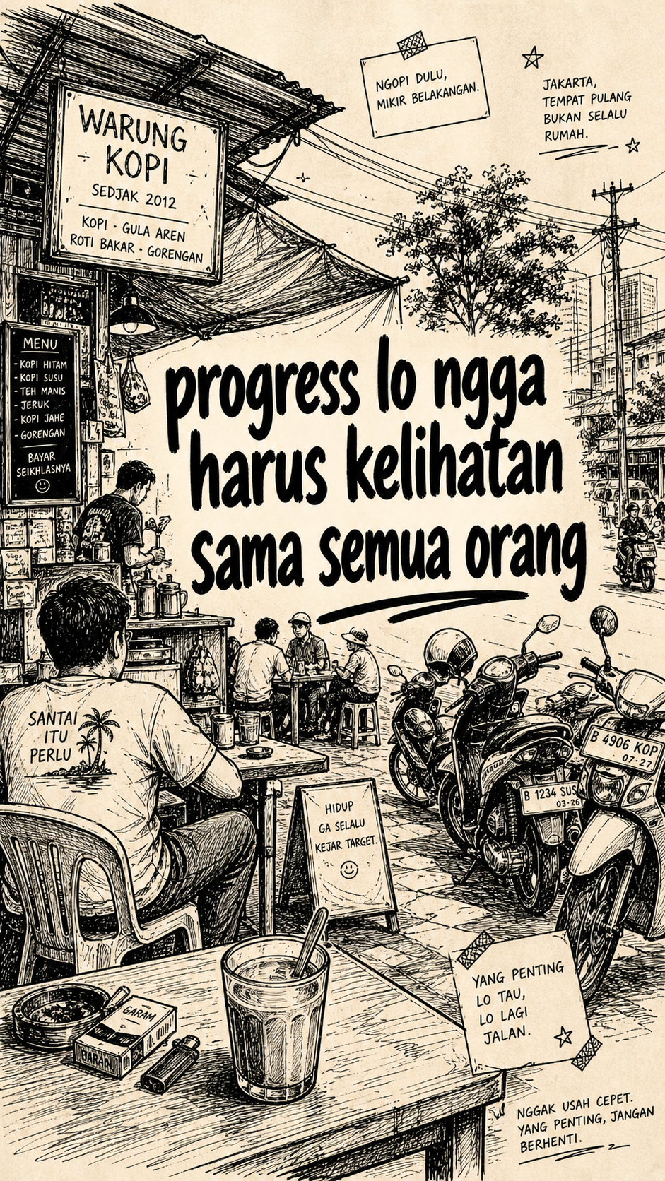 Doodle warung kopi Jakarta dengan quote soal progress yang tidak harus terlihat semua orang.